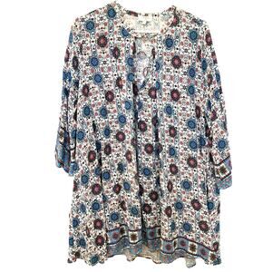 Umgee Boho Dress Large Blue Peasant Loose Bell Sleeve Popover Renaissance Whimsy